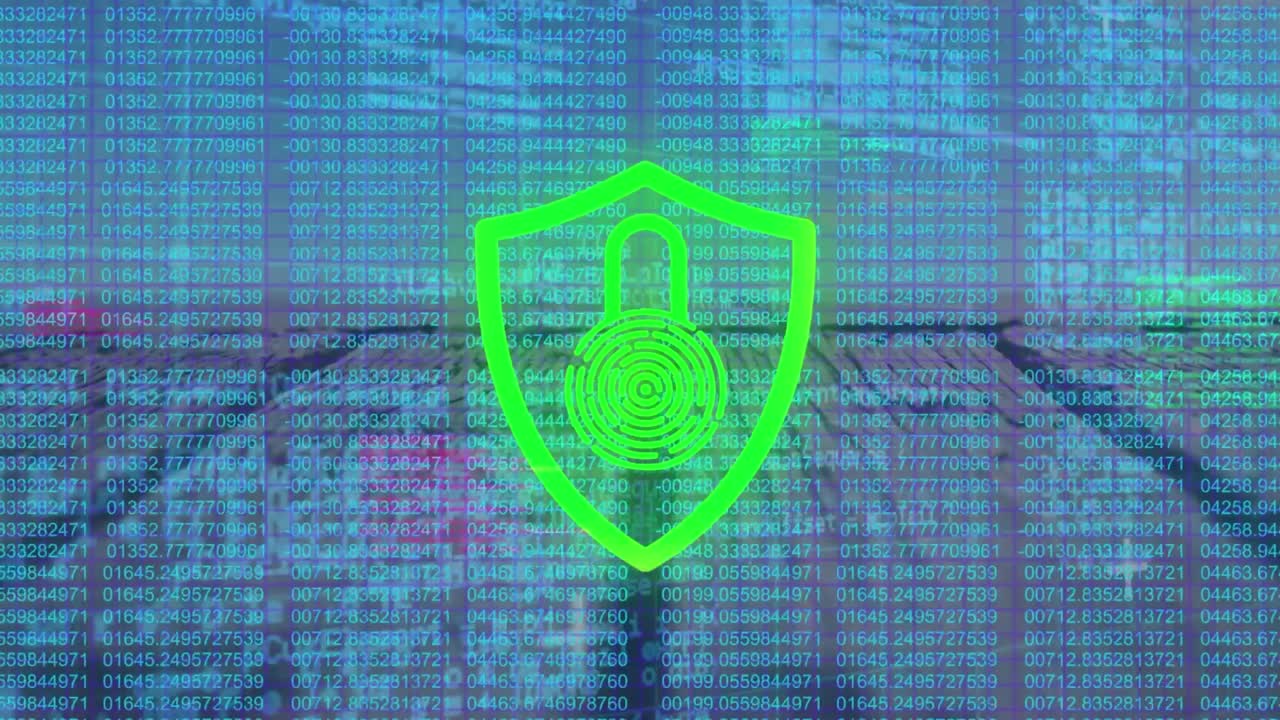 animazione dell'icona del lucchetto di sicurezza e elaborazione dei dati su sfondo blu