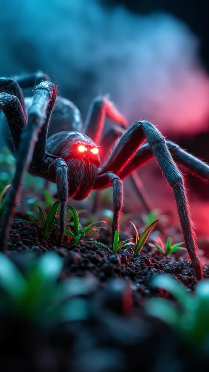 A spider with red eyes sitting on the ground