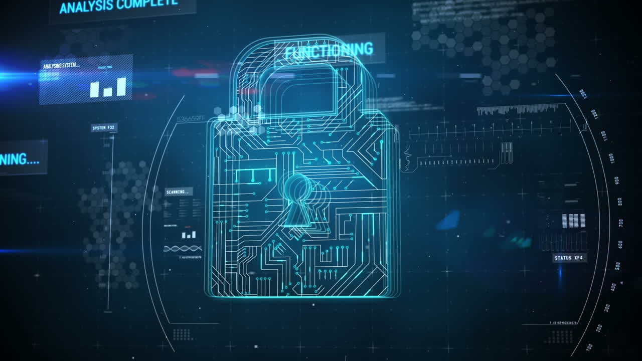 Animation of digital padlock, data and virus analysis over navy background