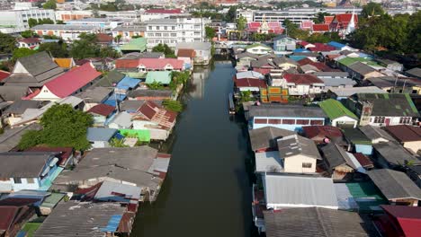 aerial view flying along khlong bangkok yai canel waterways