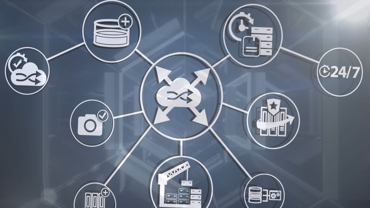 animación de múltiples iconos en círculos conectados con líneas que se mueven en túnel.