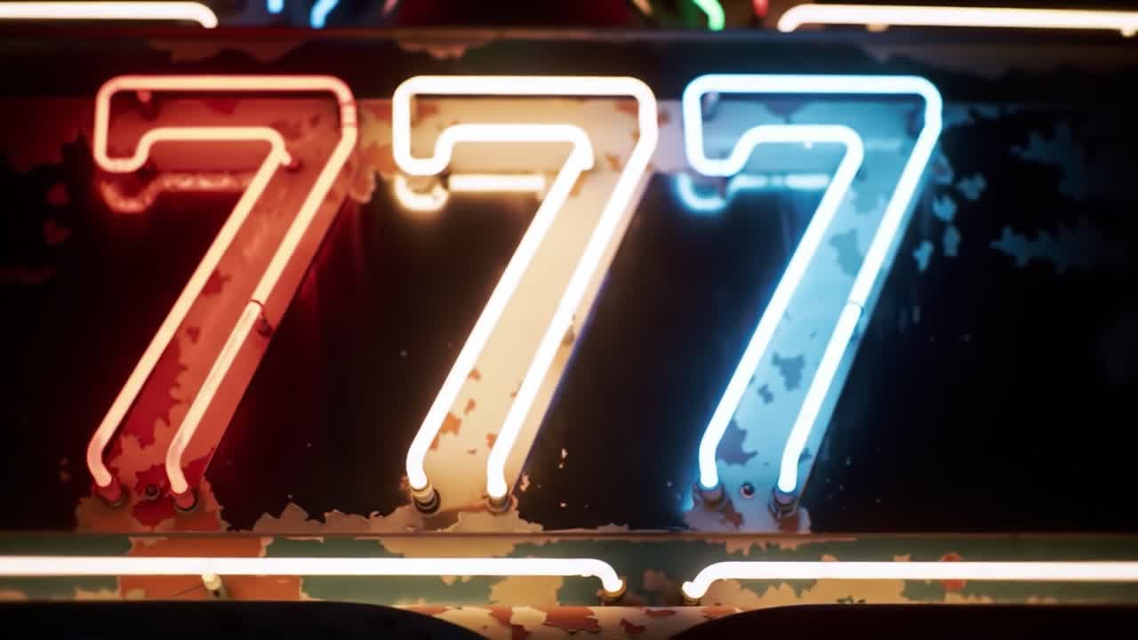 Illuminated Neon Sign Displaying Triple Sevens Against a Vintage Background, Capturing the Essence of Retro Aesthetics and Vibrant Nightlife Atmosphere