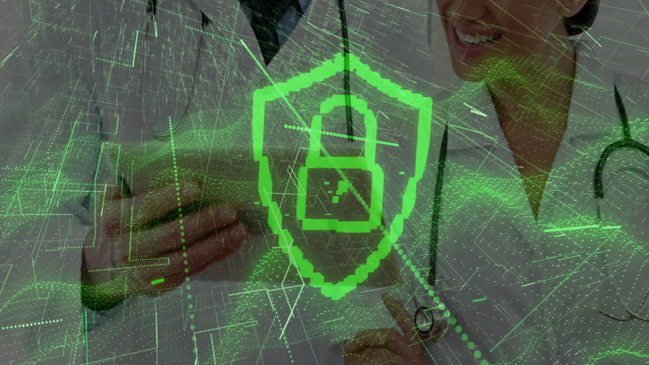 female doctor pointing at shield padlock with male doctor gesturing promoting medical cybersecurity