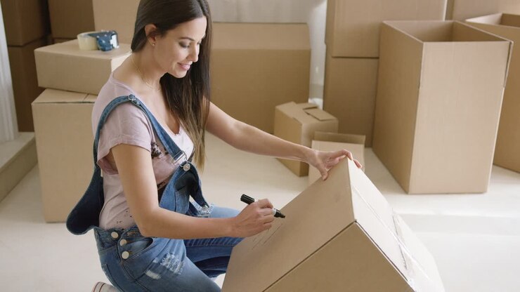 Attractive woman moving house and packing