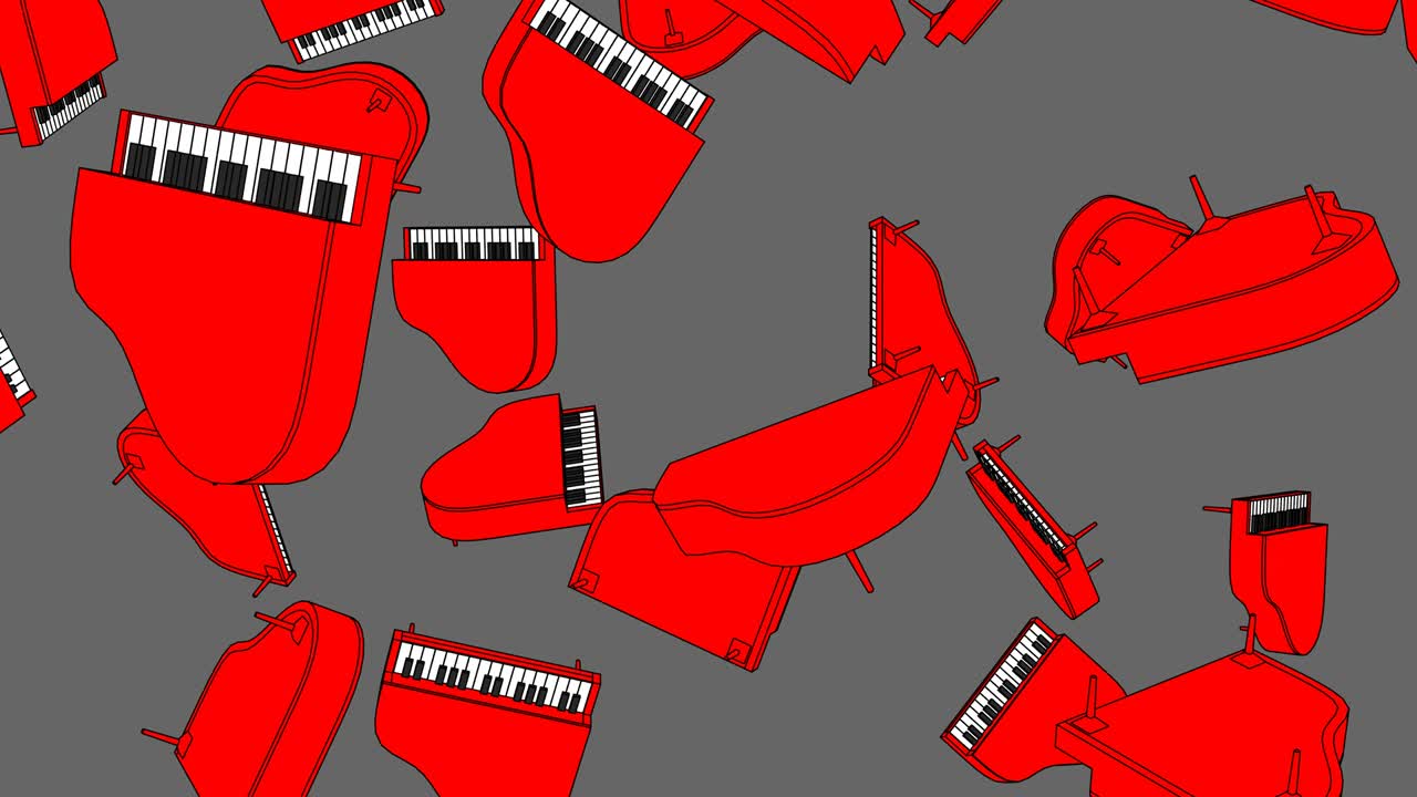 회색 바탕에 많은 빨간 피아노가 있습니다.