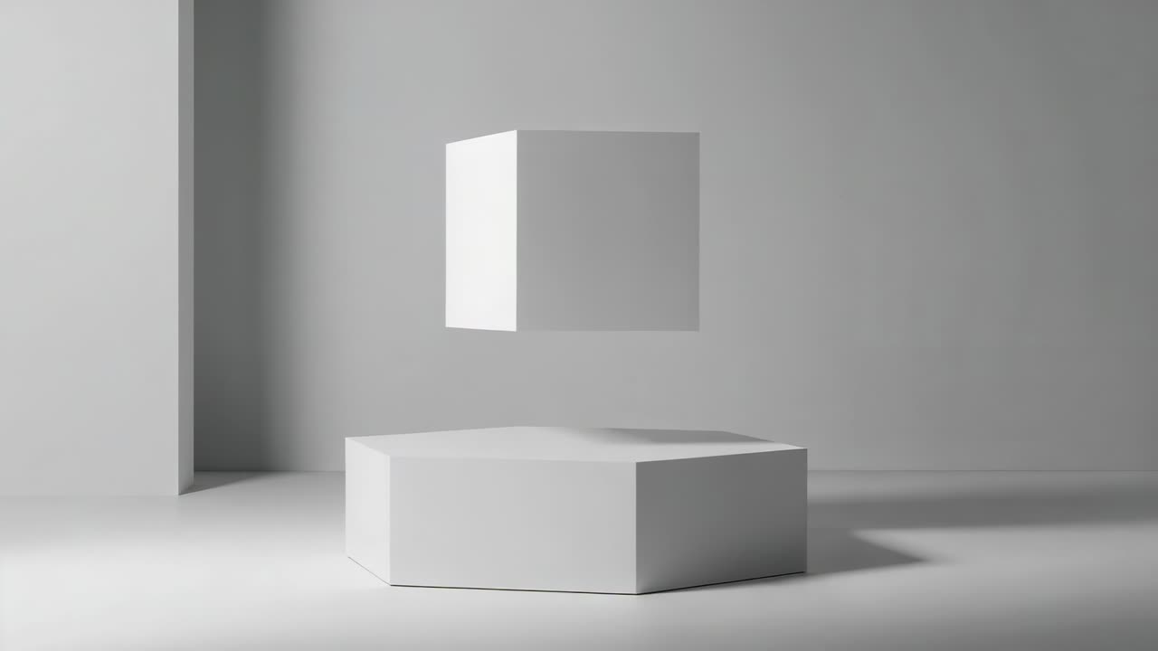 Hovering white cube oscillating and rotating above hexagonal platform in grey studio