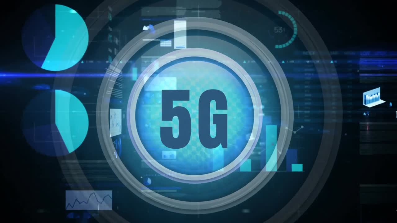 pulsante 5g su sfondo scuro con grafici e grafici di dati