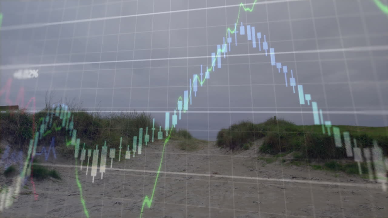 Stock market graph animation over sandy beach path with grassy dunes