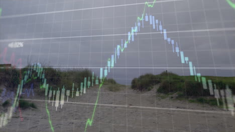 stock market graph animation over sandy beach path with grassy dunes