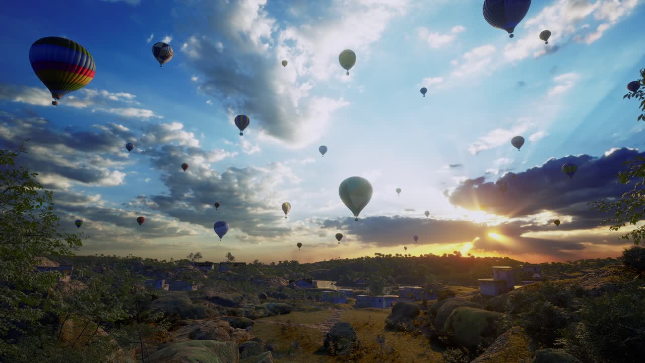 뜨거운 공기 풍선, 서서히 다른 사람들과 함께 도시 위로 날아, 해가 지는 시간