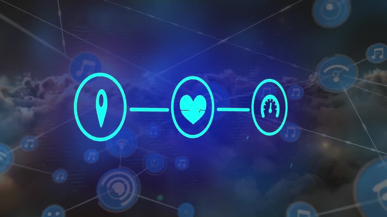 animación de una red de iconos de medios sobre una nube azul y luces móviles sobre un fondo oscuro