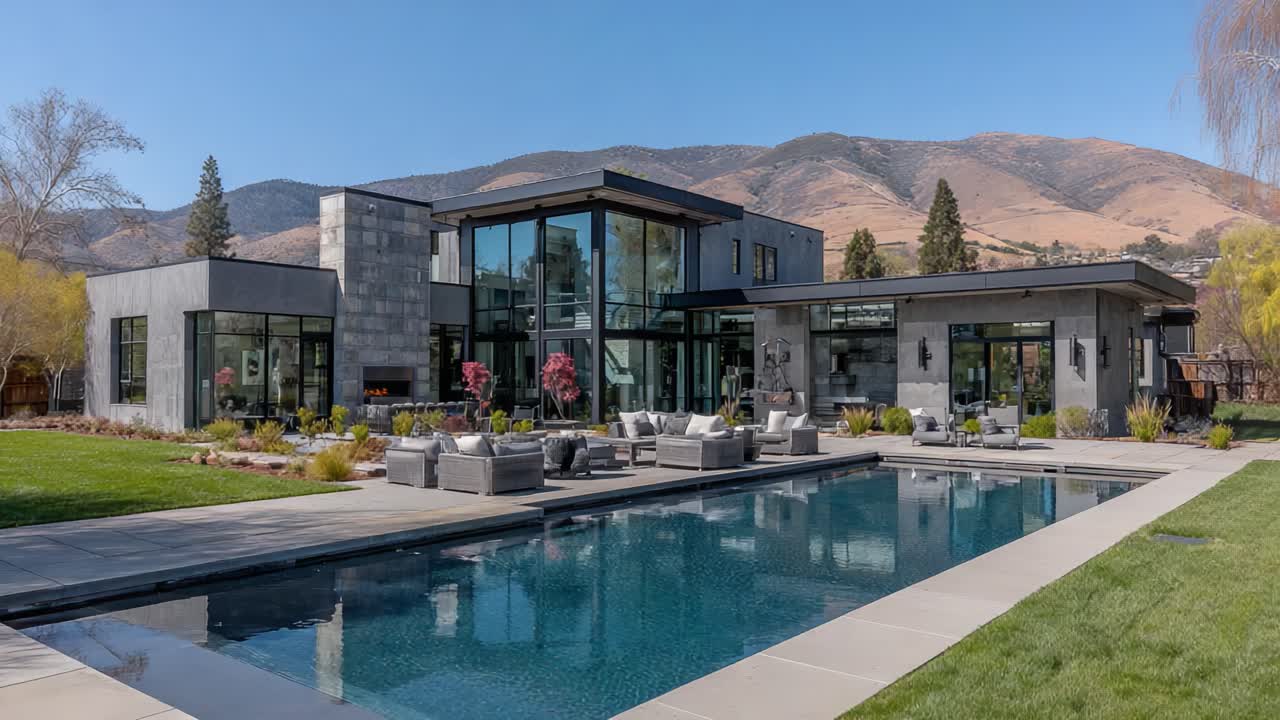 A Modern Architectural Marvel: Stunning Luxury Home Overlooking Scenic Mountains with a Serene Poolside Oasis in a Lush Landscape