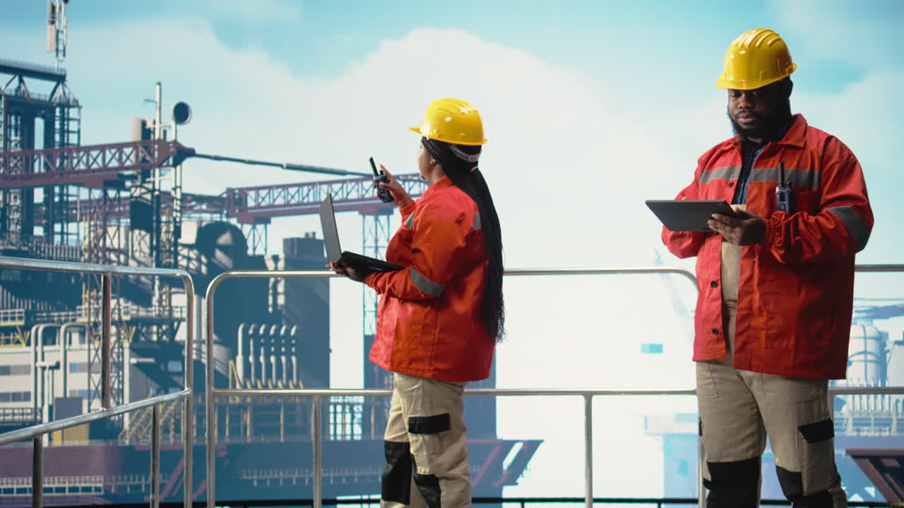 Vertical video Offshore platform crew engineers supervising deck operations with devices