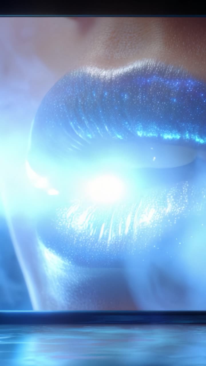 Labbra luccicanti circondate da luce eterea, che catturano l'attenzione con il loro glamour scintillante e il fascino enigmatico, fondendo arte e bellezza in un'unica immagine