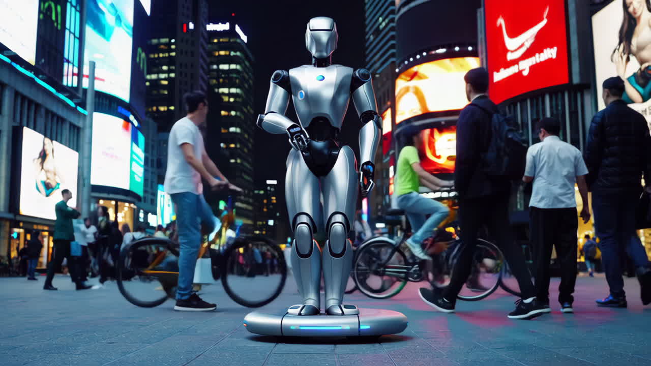 Robot in a busy city at night