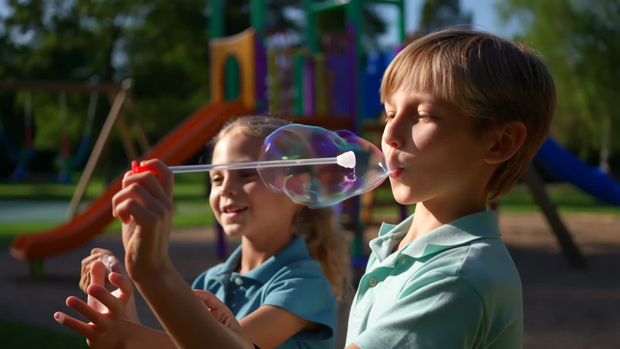 Children playing with bubbles at the playground