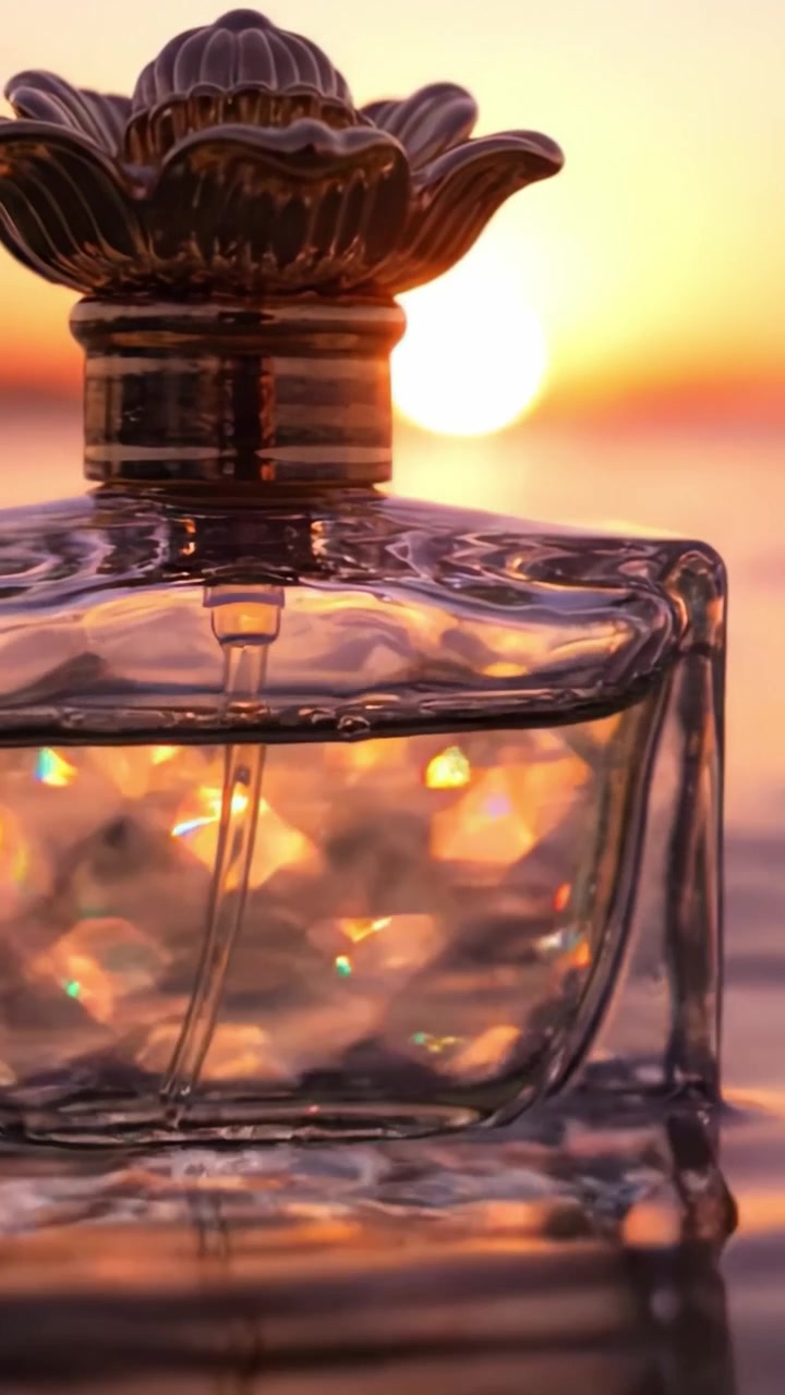 Uno Splendido Primo Piano di un Flacone di Profumo dal Design Raffinato con un Tramonto Radioso sullo Sfondo, che Evoca Eleganza e Bellezza Senza Tempo