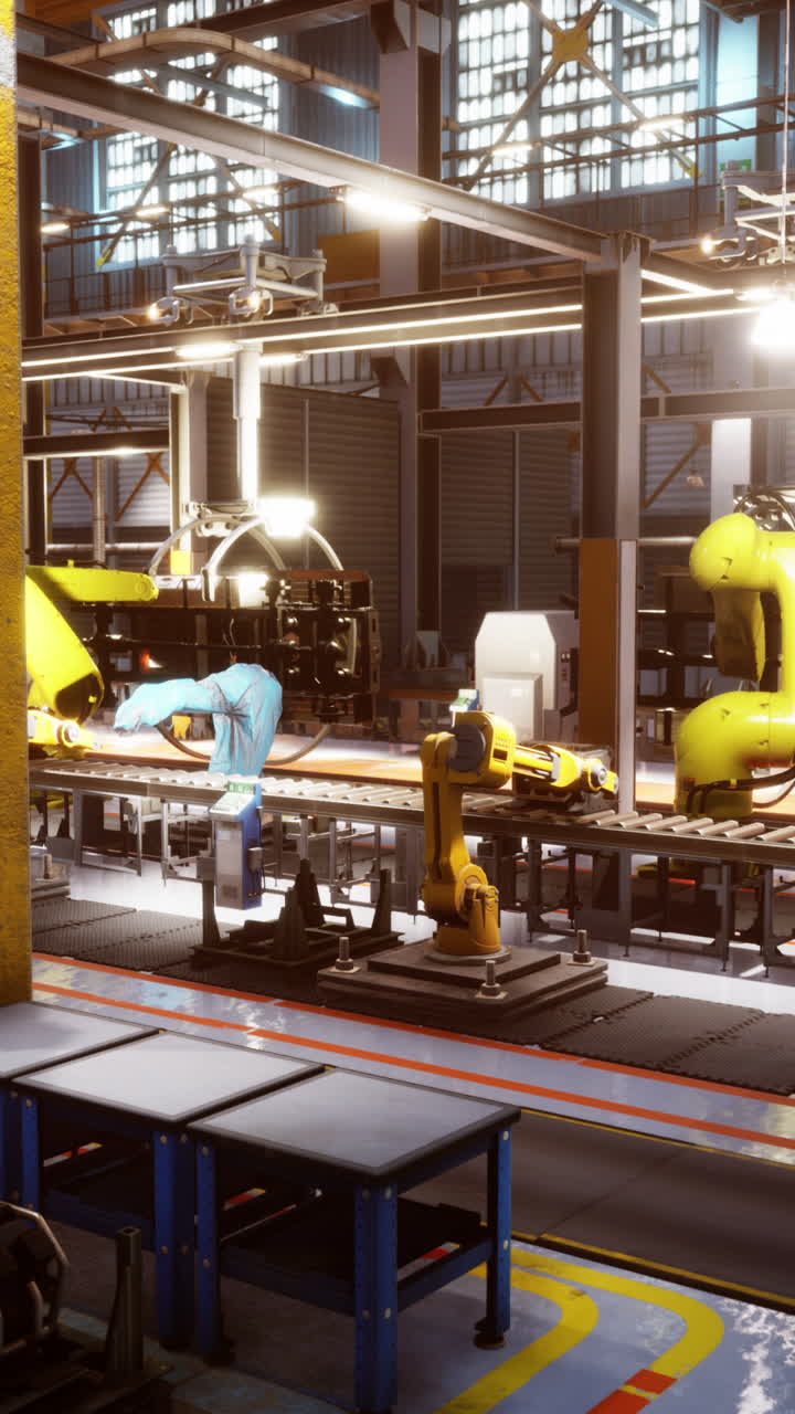 brazos de robots industriales en la línea de ensamblaje en la fábrica