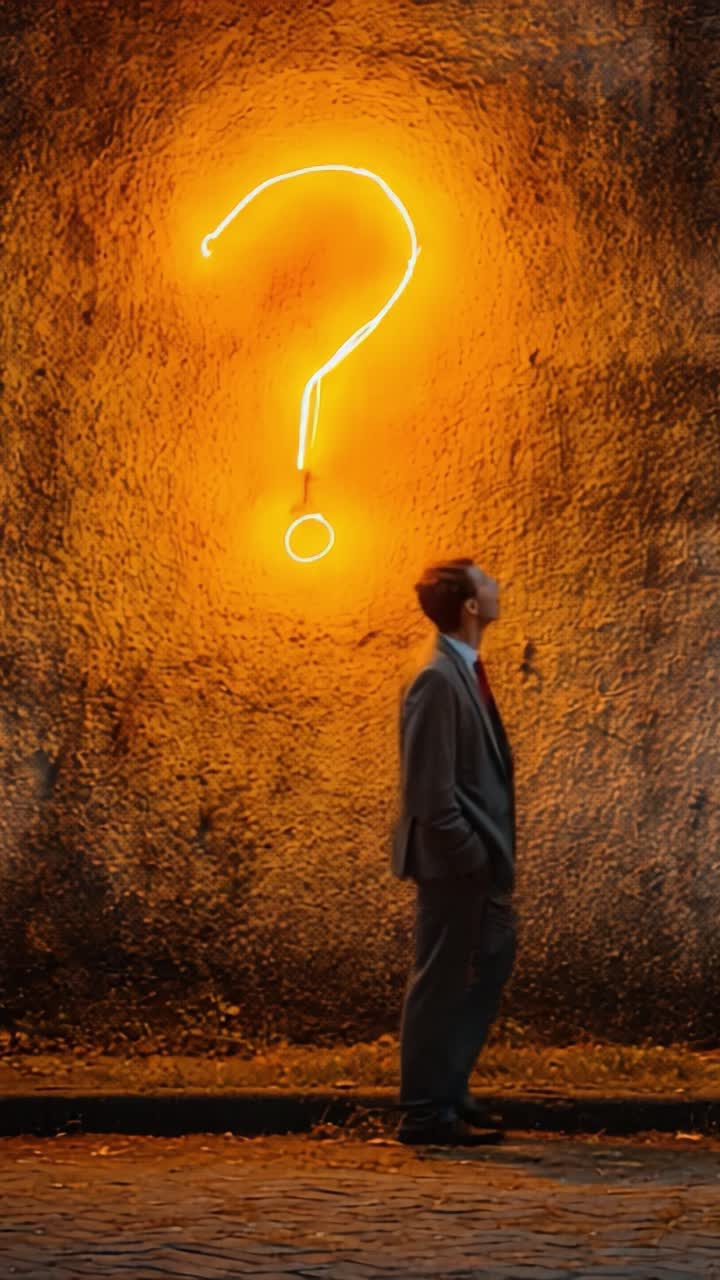 A Thoughtful Individual Contemplates Life's Mysteries Beside a Glowing Question Mark, Symbolizing Curiosity and Inquiry in a Unique Urban Setting