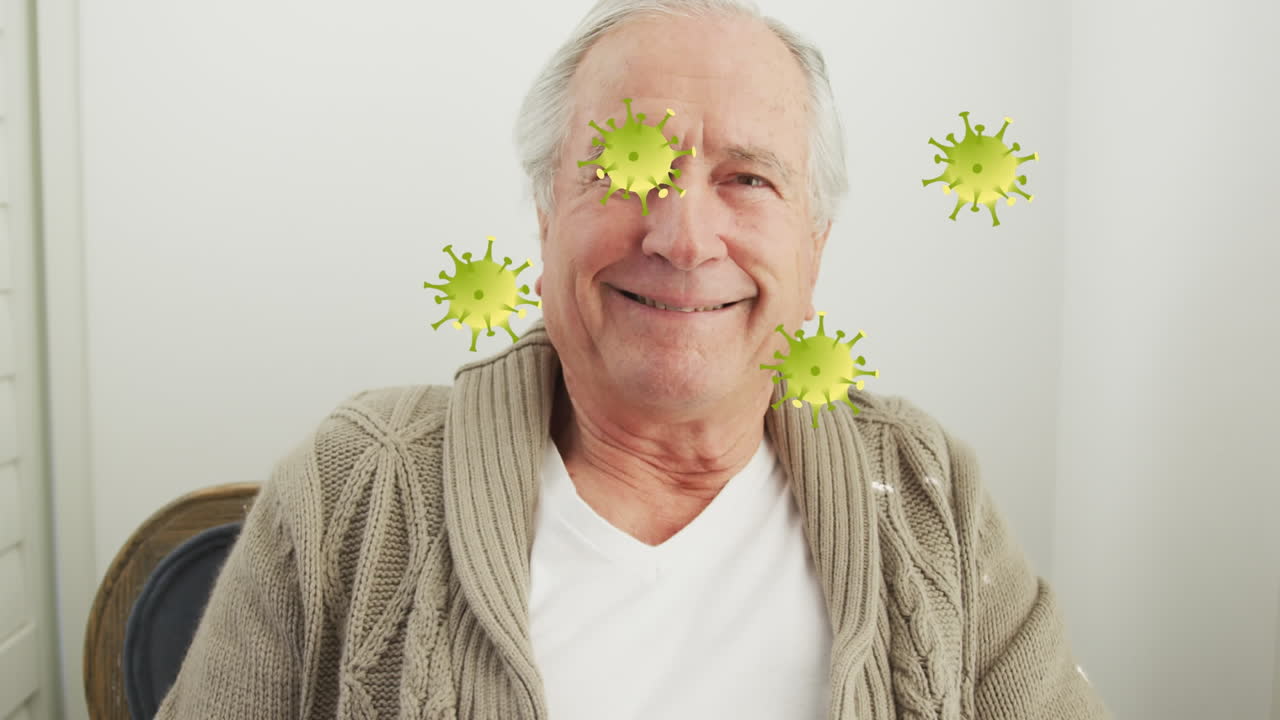 animación de las células del virus sobre el hombre caucásico mayor sonriendo