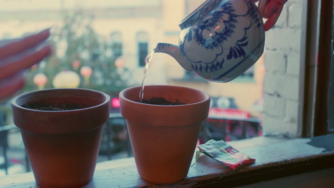 Hand waters plants on balcony