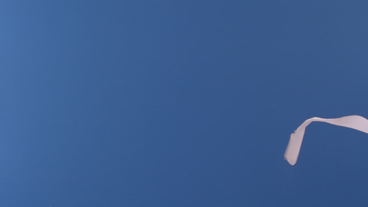 화장지 두루마리가 보이지 않는 지역에서 높이 날아갔다가 다시 시야로 들어오는 것이 보입니다.