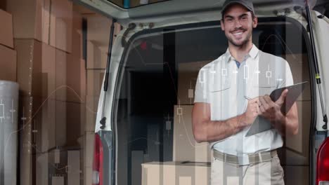 statistical data processing against portrait of caucasian delivery man with clipboard smiling