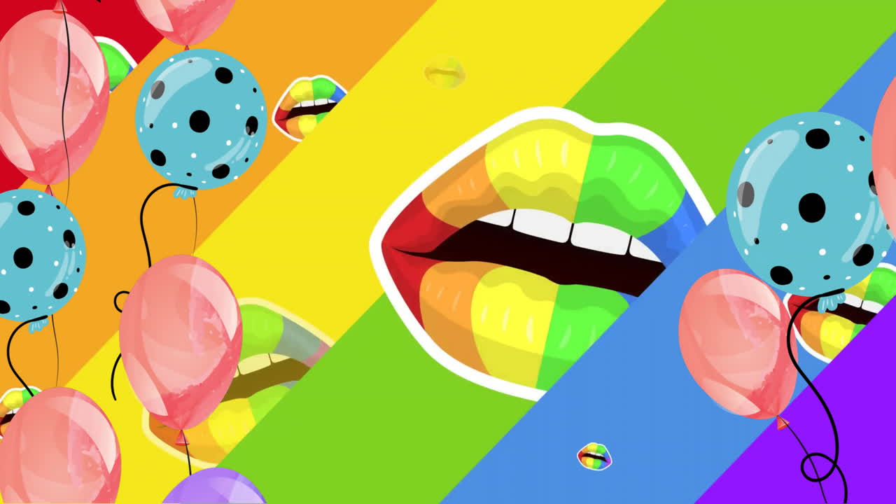 Animation of rainbow lips and colourful balloons on rainbow background