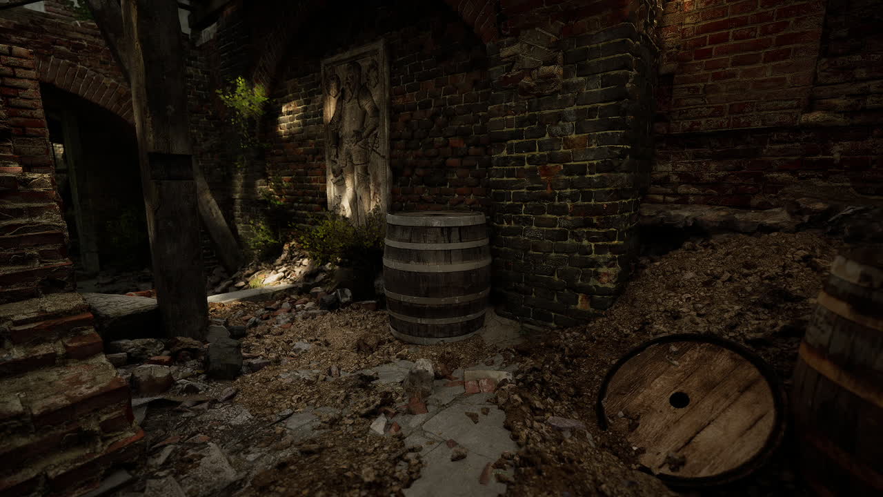 Old alleyway with weathered brick walls and wooden barrels in daylight