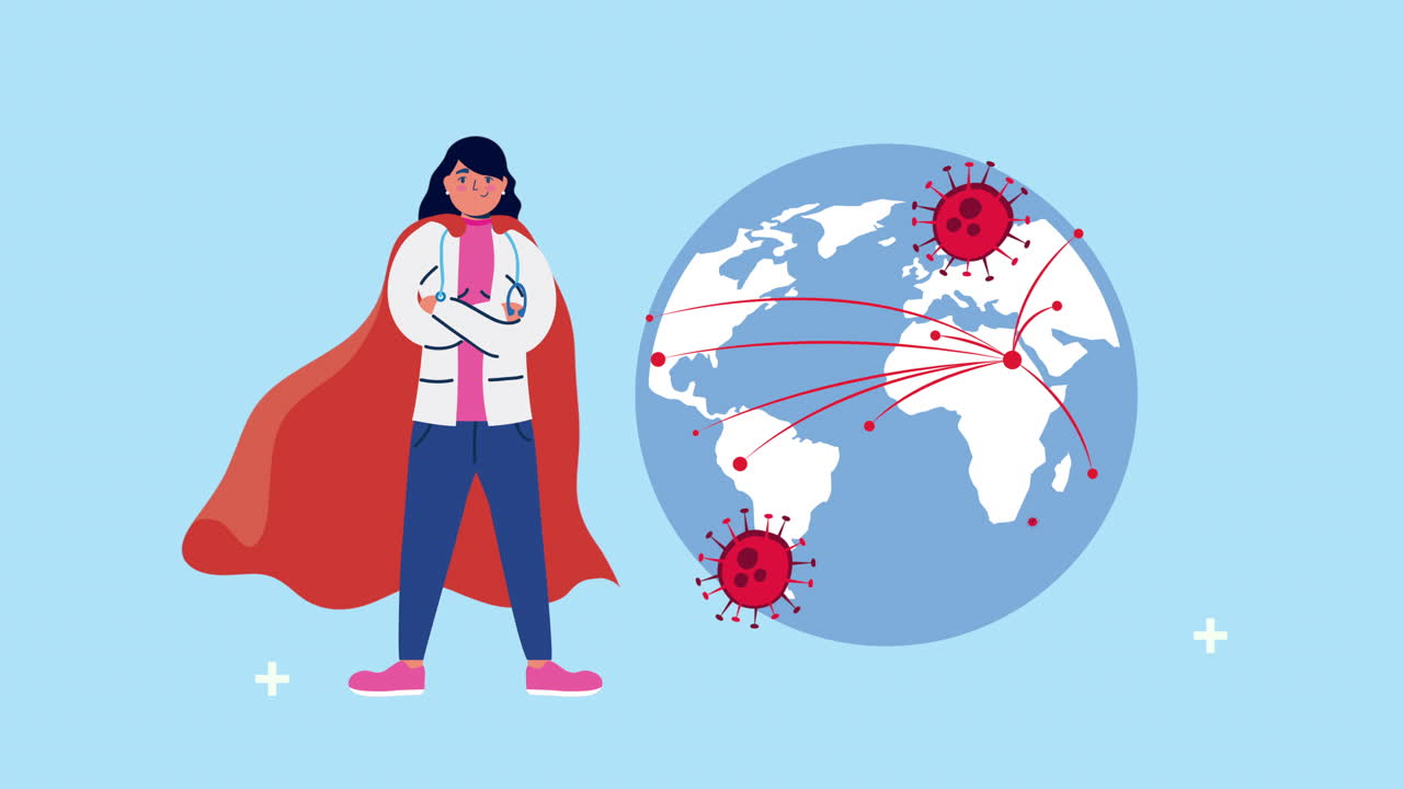 super mujer doctor con capa de héroe y partículas de covid-19 en el planeta tierra
