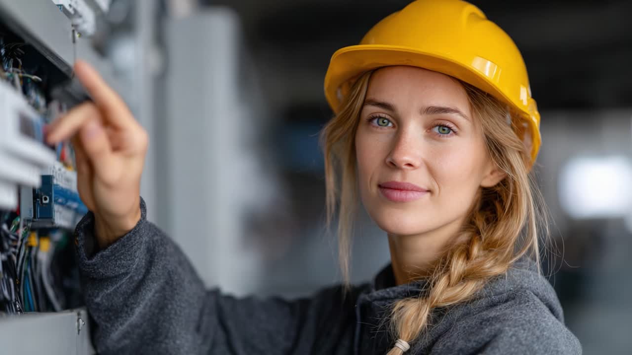 A Young Female Engineer in Safety Gear Adjusts Electrical Components with Precision and Focus, Highlighting Women's Role in Technical Fields and STEM Careers