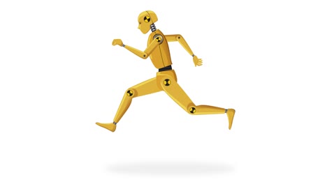 Wooden mannequin running across changing backgrounds.