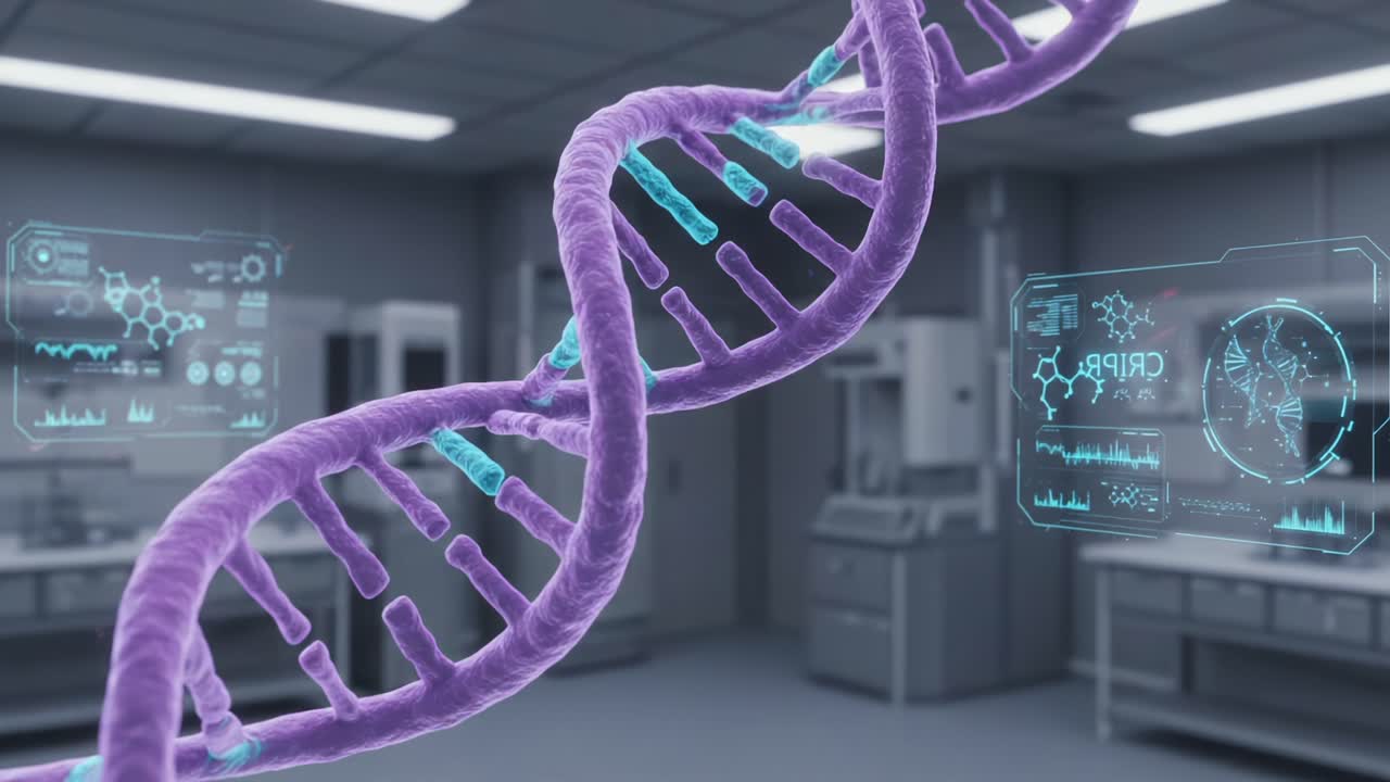 A Stunning Digital Representation of DNA Helix with Futuristic Overlays in a Modern Laboratory Setting, Showcasing Genetic Research and Biotechnology Innovations