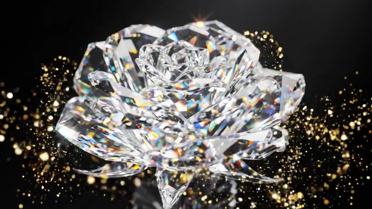 Una rosa di cristallo finemente lavorata luccica nella luce, mostrando dettagli squisiti e brillantezza scintillante su uno sfondo scuro, affascinando gli spettatori con un'eleganza senza tempo