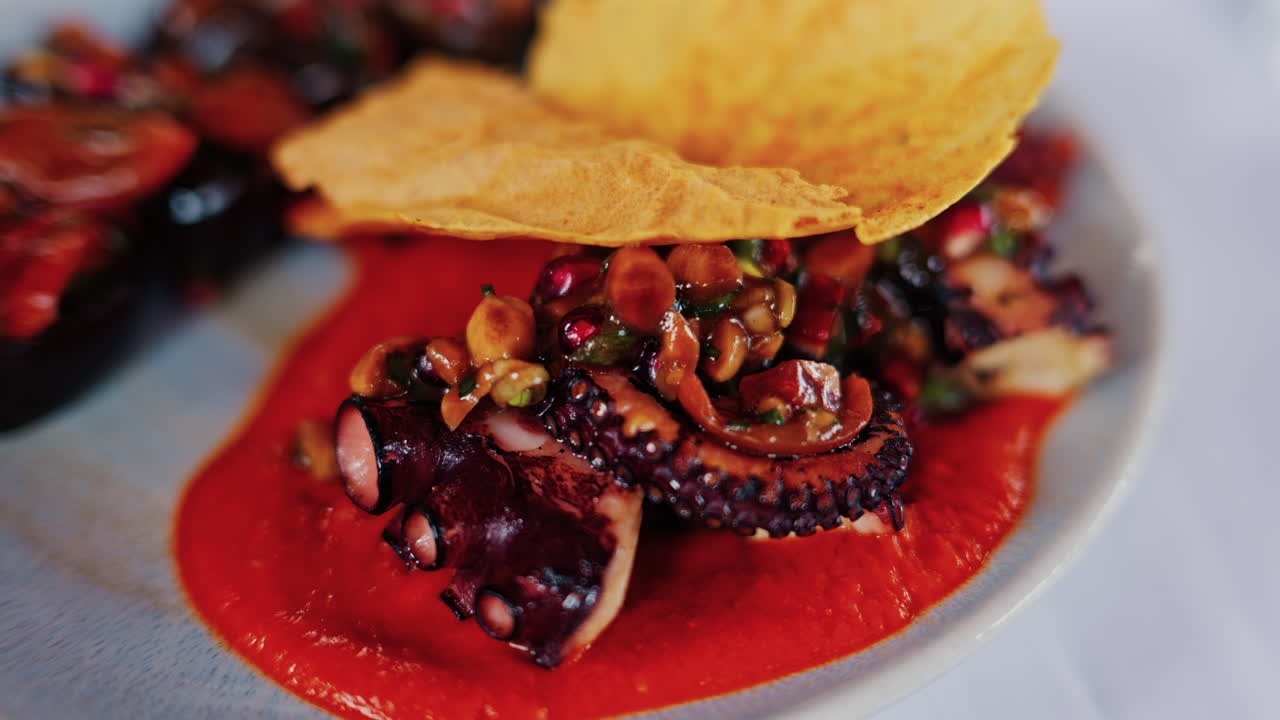 Close up of grilled octopus on a plate, garnished with a rich red sauce