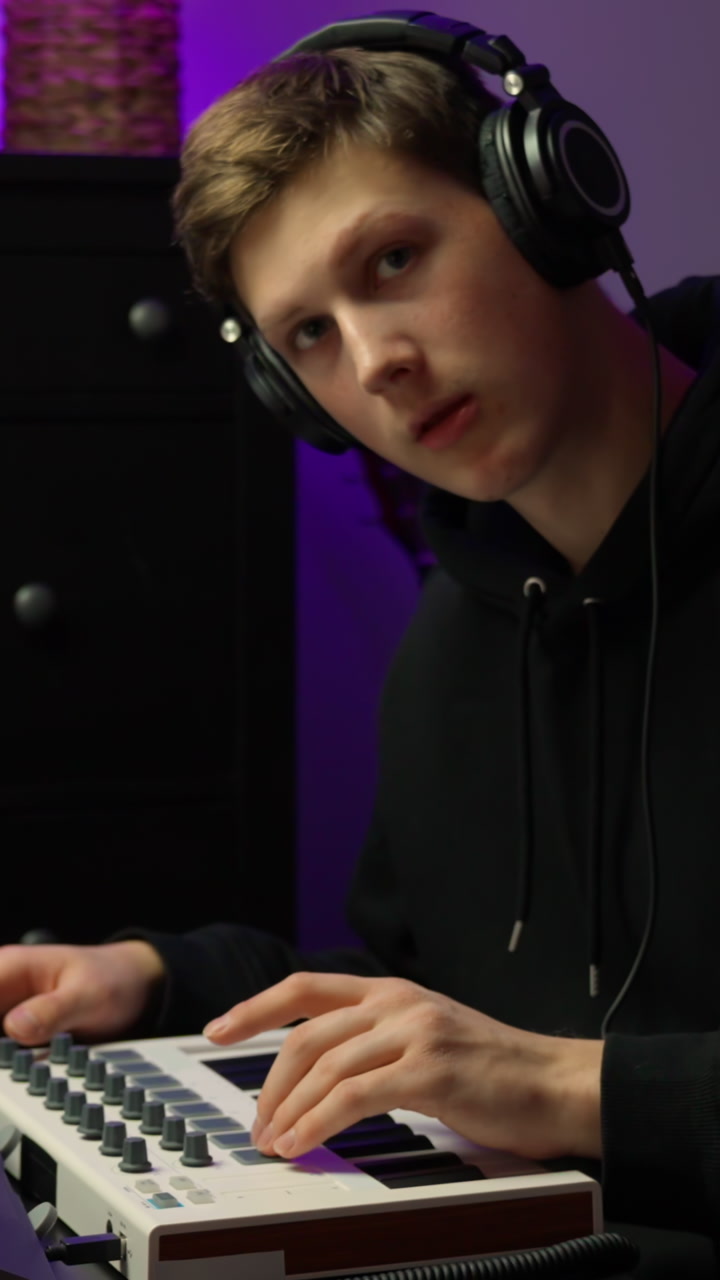 A young DJ hitting the drum pads on midi keyboard creating beats while wearing headphones, vertical shot