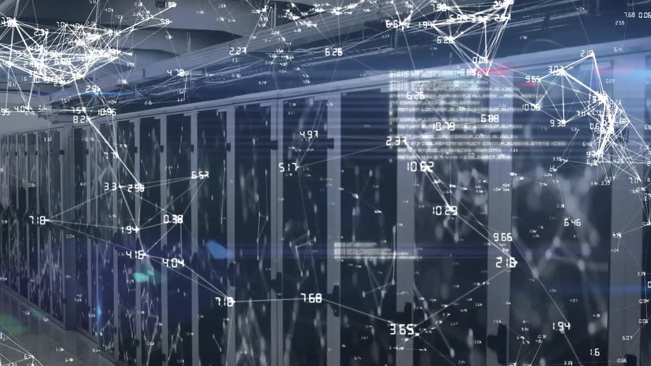 Animation of computer language and connected numbers and dots over server room
