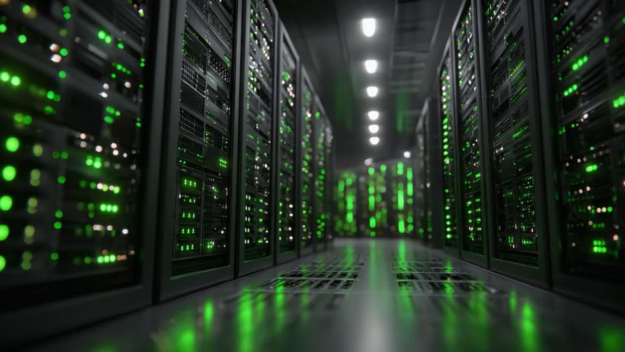A Glimpse into a High-Tech Server Room Illuminated by Green LEDs, Showcasing Rows of Advanced Computing Machines and Their Dynamic Status Indicators