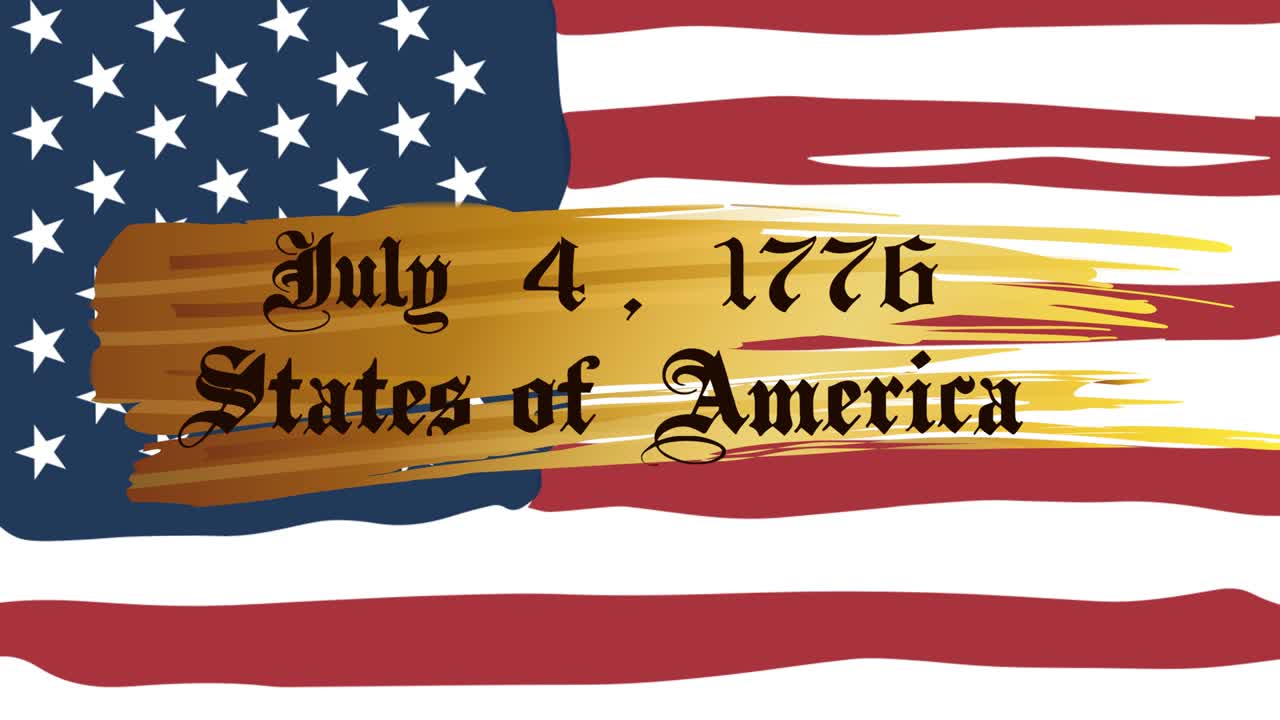 1776년 7월 4일의 애니메이션 미국 국기 위의 텍스트