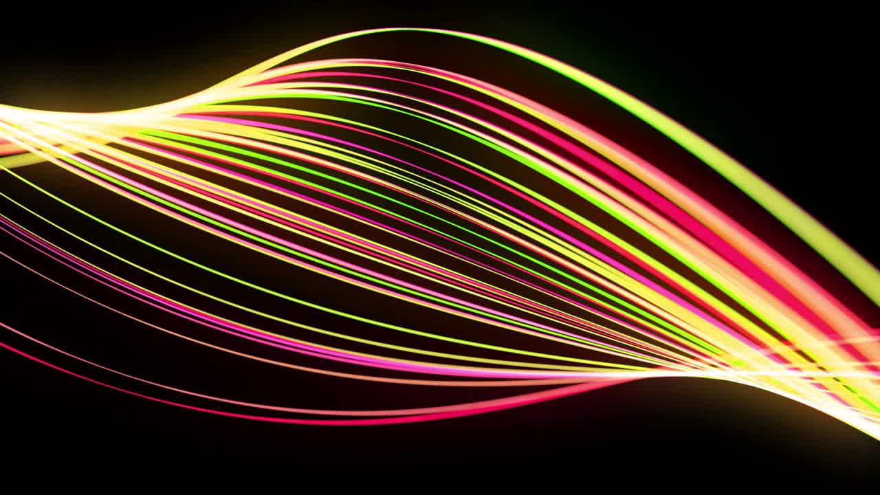Light flow bg in 4k. Abstract looped background with light trails, stream of green red yellow neon lines in space move to form spiral shapes. Modern trendy motion design background light effect
