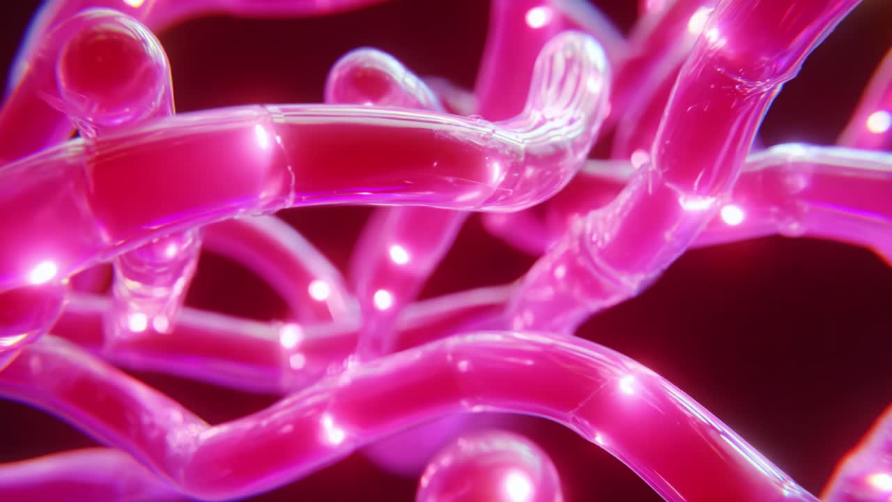 A Close-Up Exploration of Complex, Glowing Pink Structures in a Molecular Environment, Showcasing Intricate Patterns and Luminous Features Representing an Abstract Biological Network