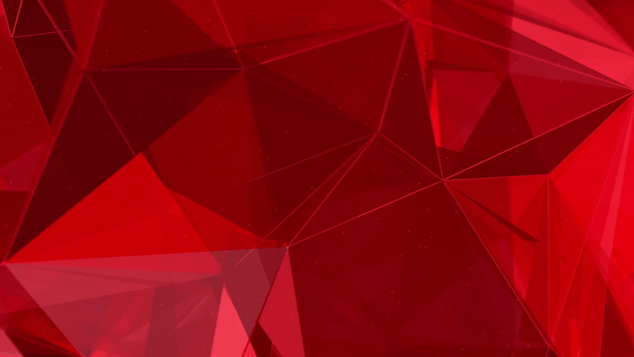 Polygonal red elements. Abstract looped animation of triangles. Shiny moving surfaces with white glowing lines.