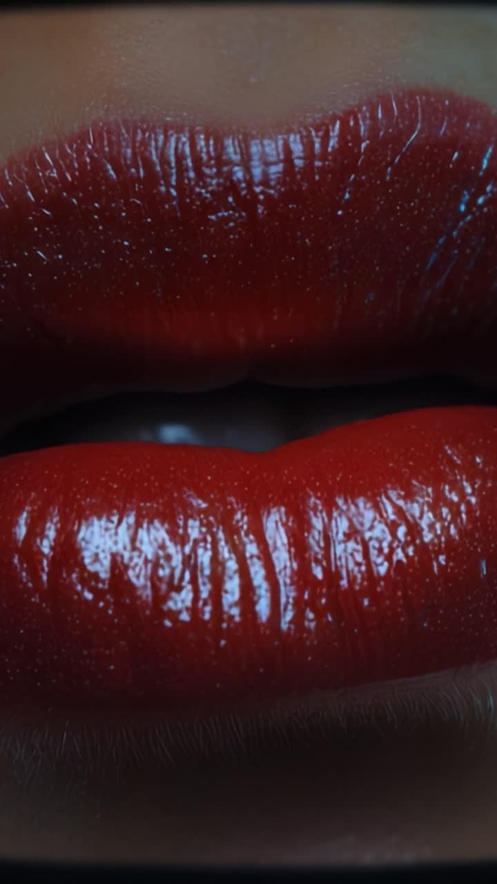 Close-Up of Luscious Red Lips Gleaming with Glossy Shine, Captured in Stunning Detail to Highlight Their Fullness and Vibrancy, Perfect for Beauty and Fashion Themes