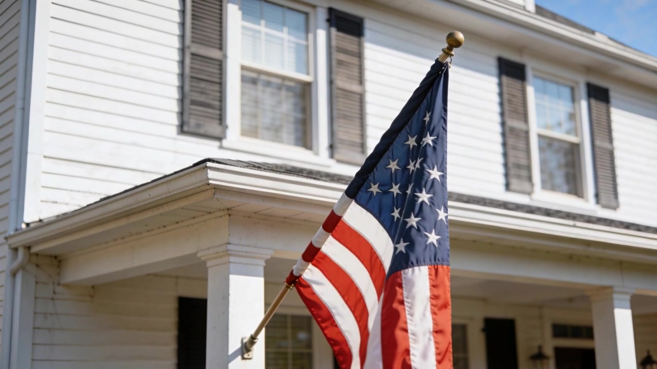 Bandiera americana che sventola per una leggera brezza sul portico anteriore di una casa bianca, con un puntale in ottone.