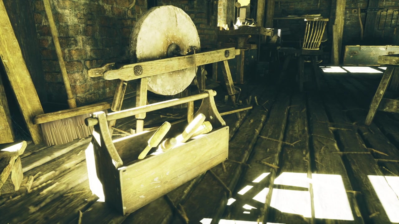 Sunlit scene emphasizing aged tools and finely crafted wooden surfaces
