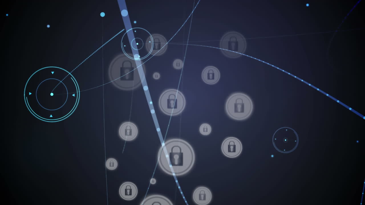 animación digital de la red de conexiones a través de múltiples iconos de candado de seguridad sobre fondo azul