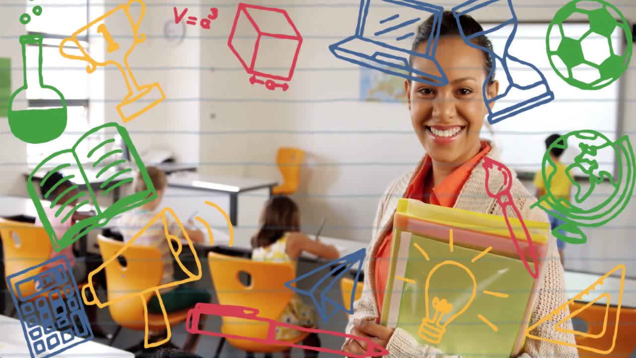 animación de iconos escolares sobre una maestra sonriente y escolares en la escuela