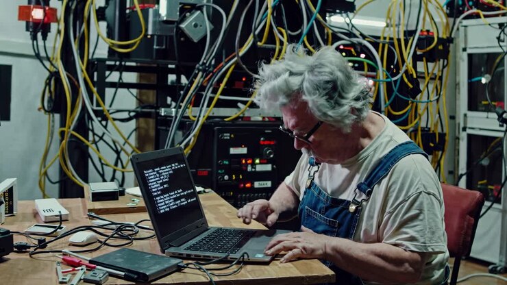 Server room technician diligently typing on laptop, surrounded by complex network equipment, in a repeated sequence highlighting his focused work
