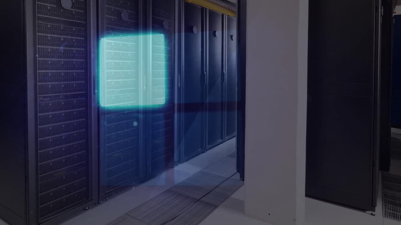 Animation of flashing blue neon squares data loading, over computer server room