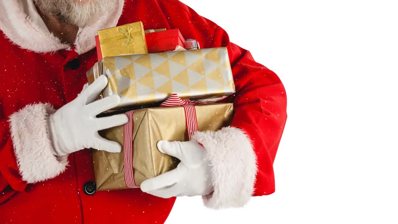 산타클로스가 선물을 들고 있는 눈이 떨어지는 애니메이션